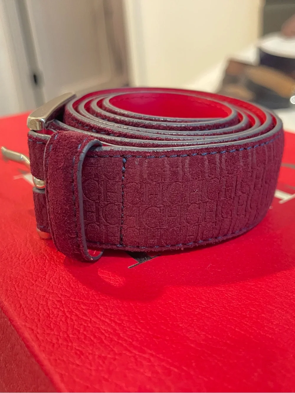 Carolina Herrera Burgundy Suede Logo-Textured Belt